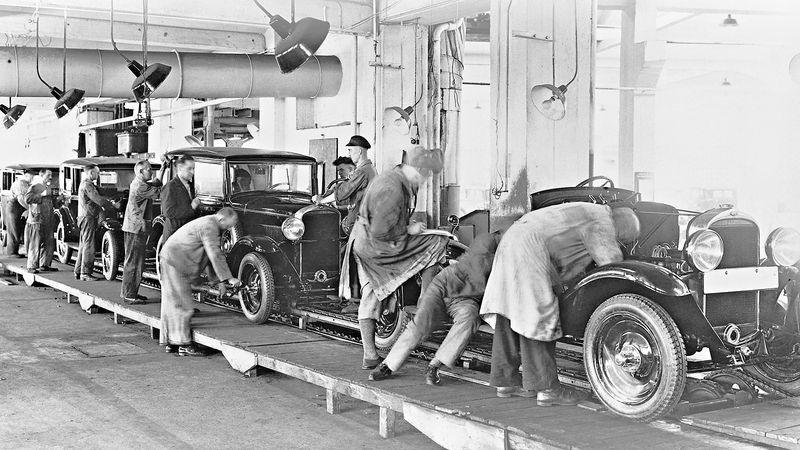 Photo of a 1937 Automobile Assembly Line