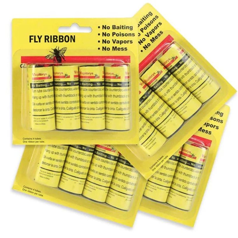 Flypaper Strips Hanging from the Ceiling